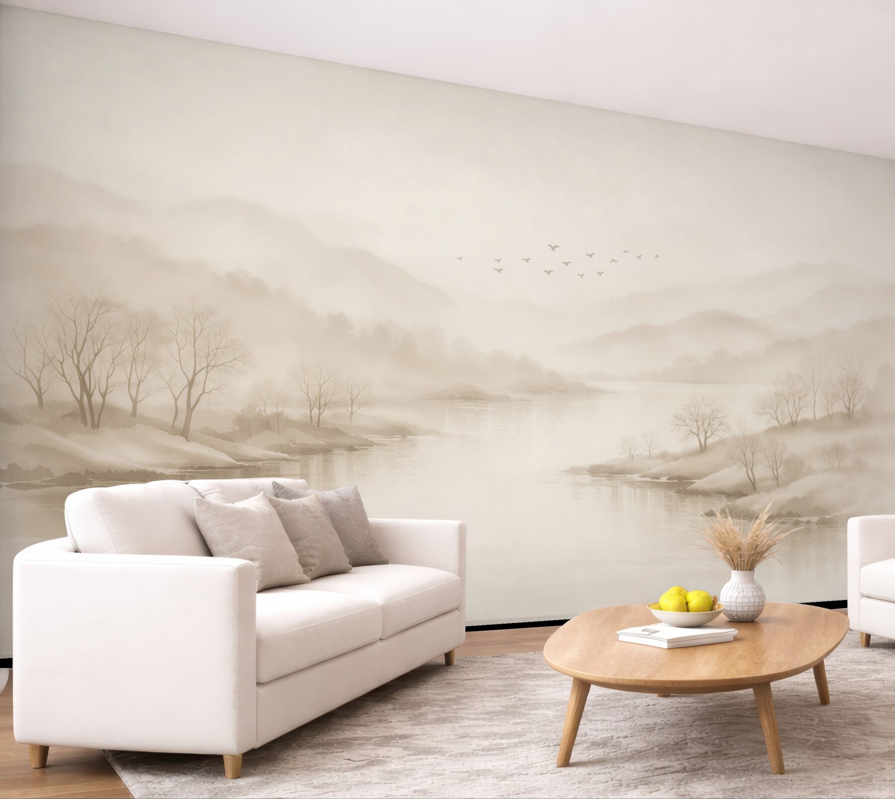 Papier peint paysage brumeux du lac avec des oiseaux