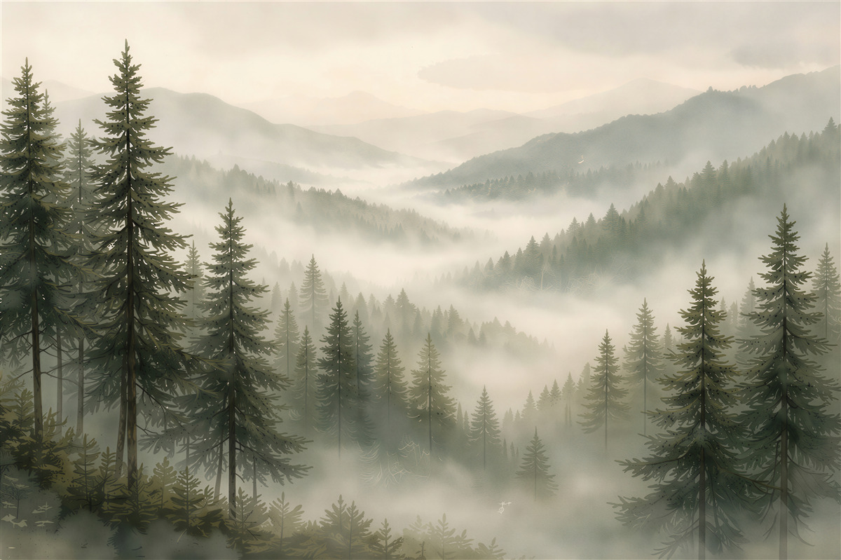 Papier peint Forêt Brumeuse de Montagne à l'Aube