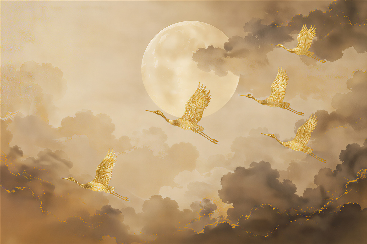 Papier peint Grues dorées sous la pleine lune