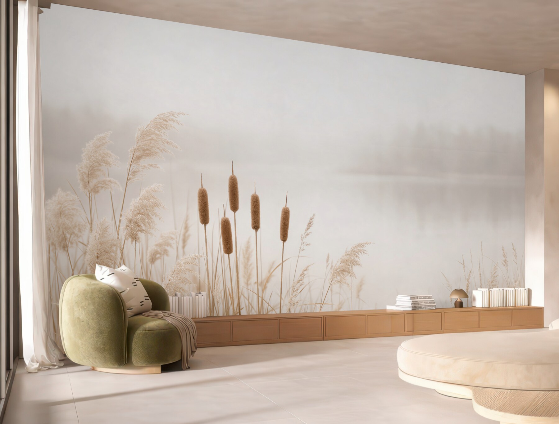 Papier peint Herbes beiges au bord d'un lac paisible