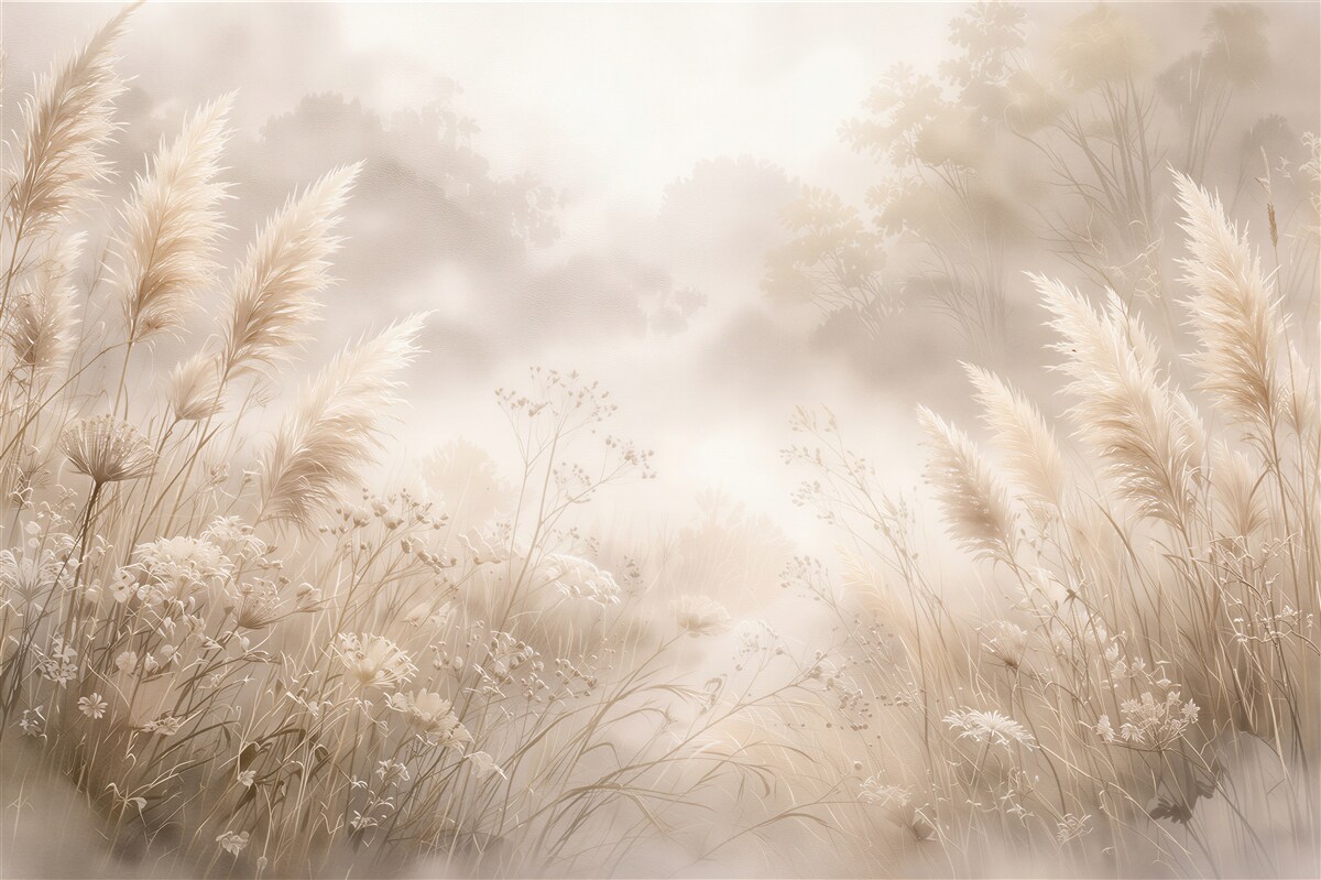 Papier peint herbes de pampas dans la brume matinale