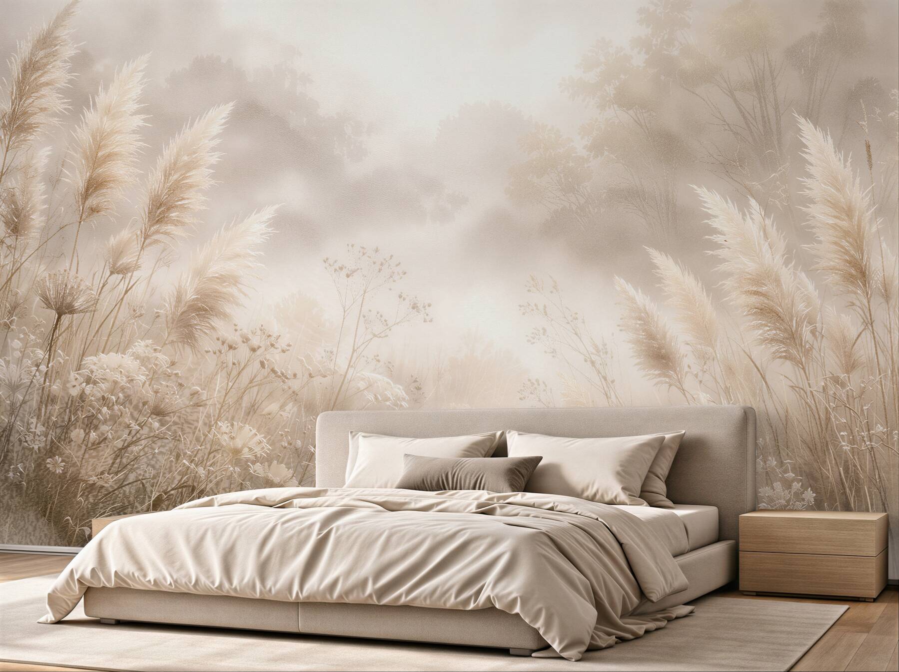 Papier peint herbes de pampas dans la brume matinale