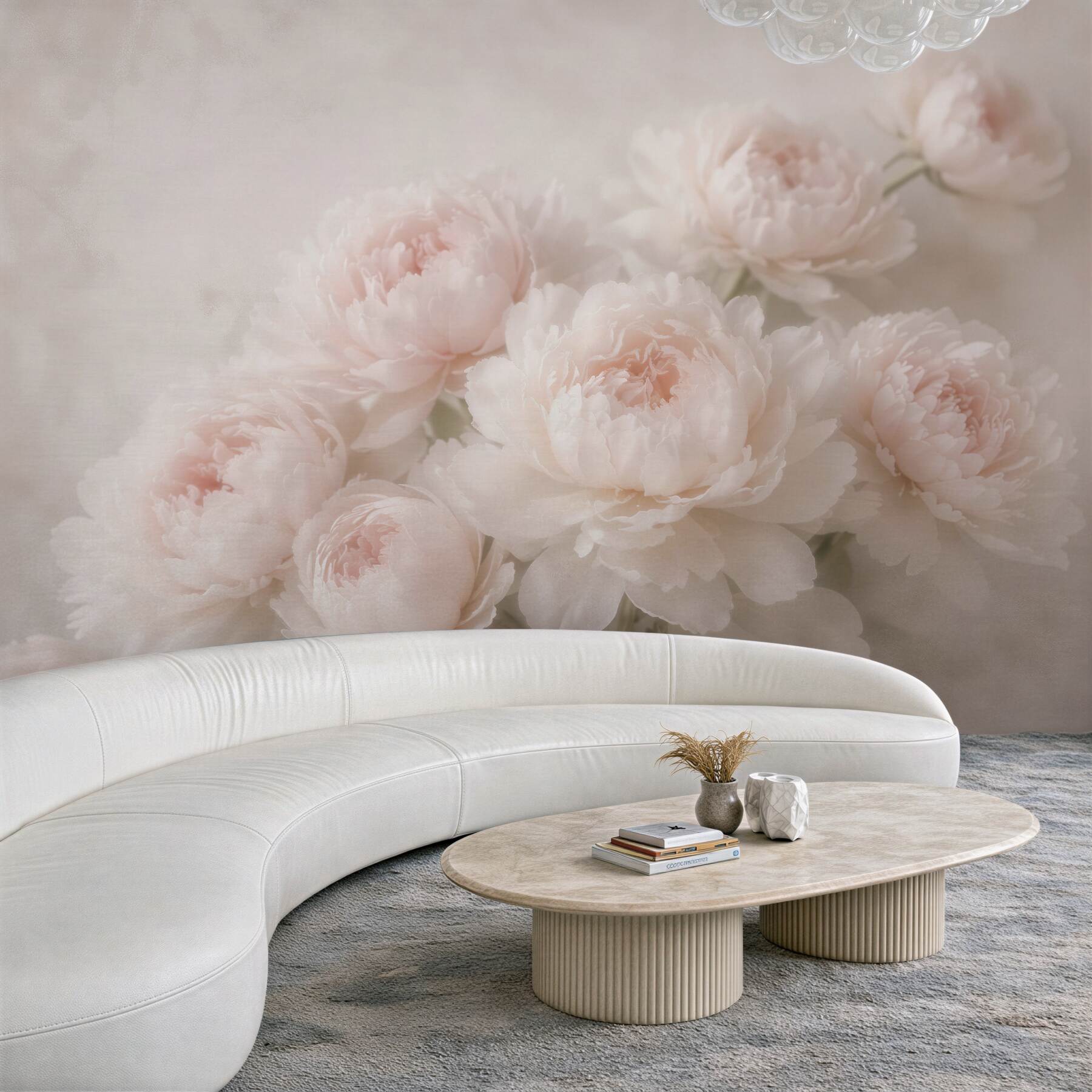 Papier peint pivoines poudrées dans une délicatesse brumeuse