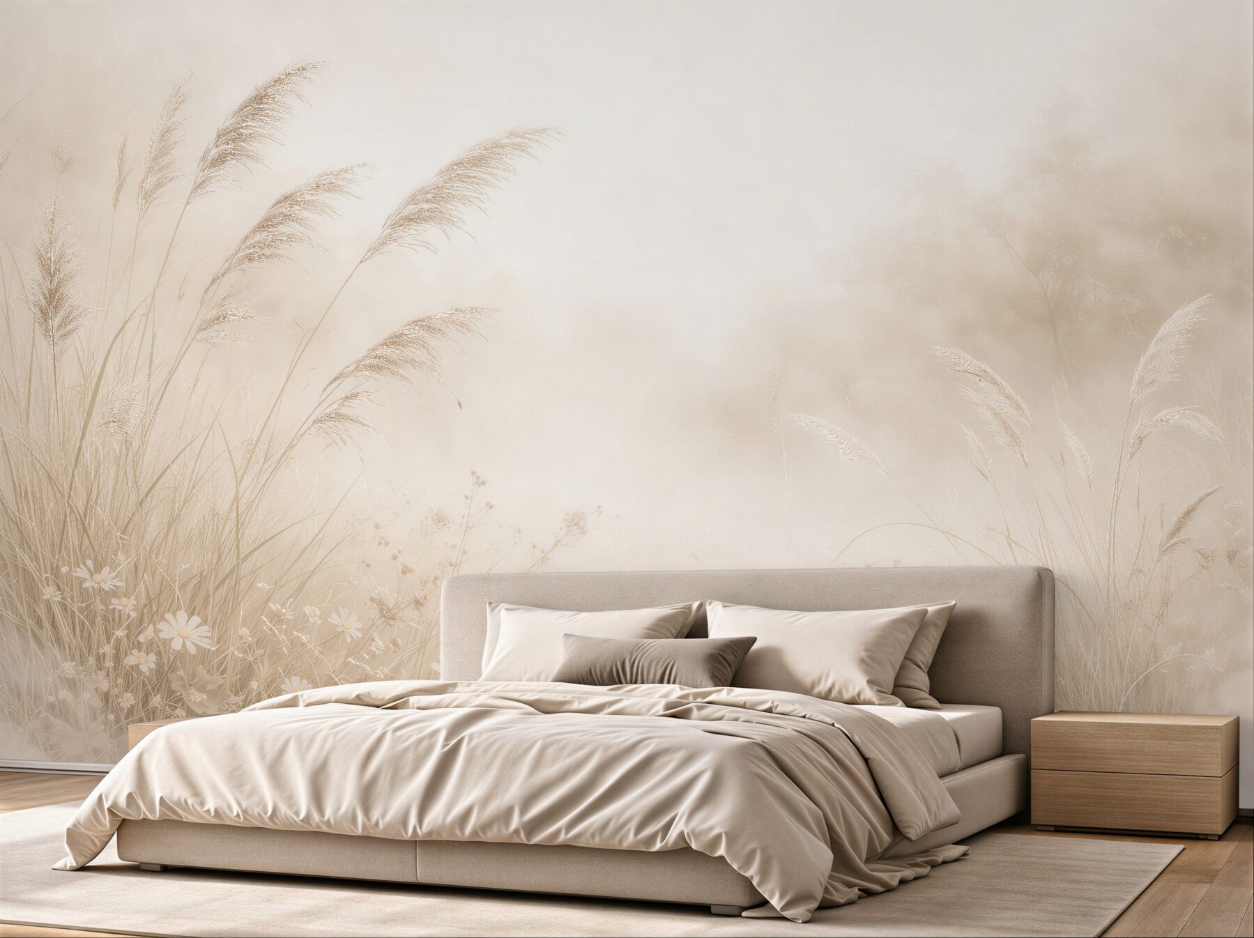 Papier peint prairie délicate dans une brume beige