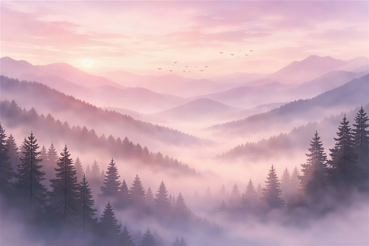 Papier peint Aube rose au-dessus des montagnes brumeuses
