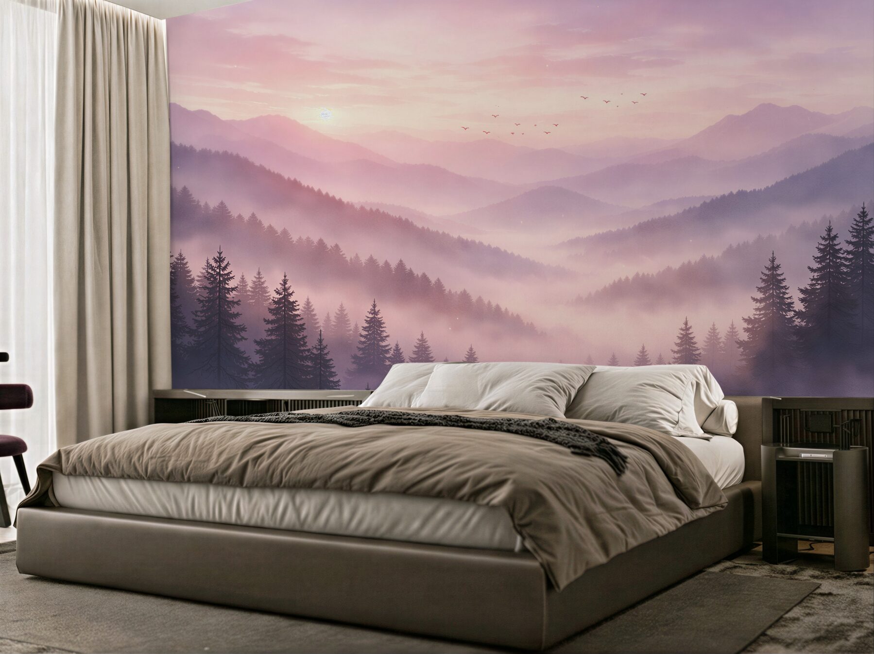 Papier peint Aube rose au-dessus des montagnes brumeuses