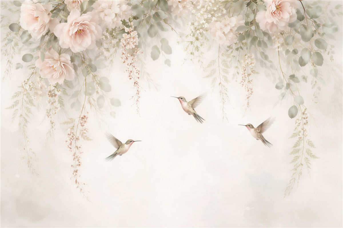Papier peint Fleurs poudrées et colibris de rêve