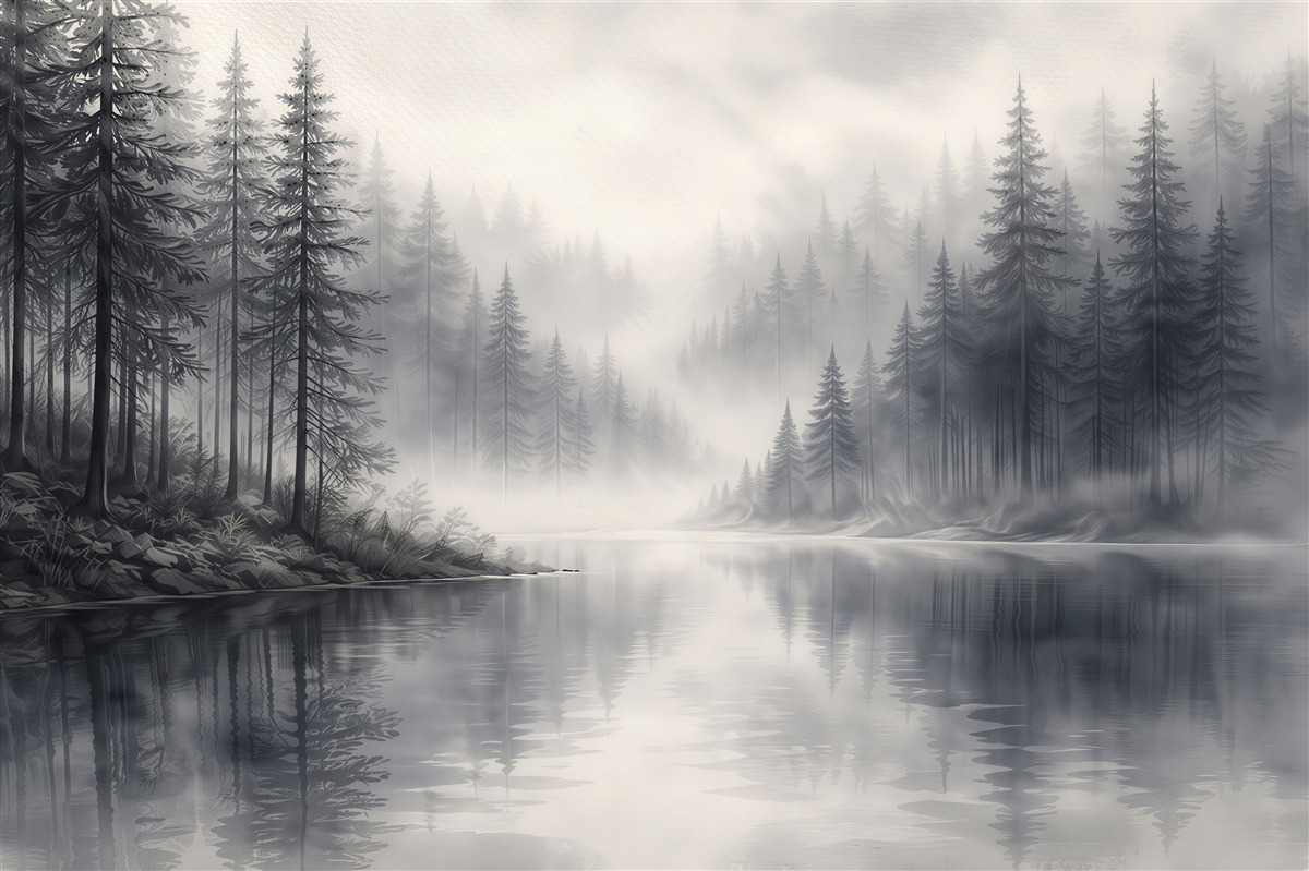 Papier peint Lac forestier dans une brume argentée