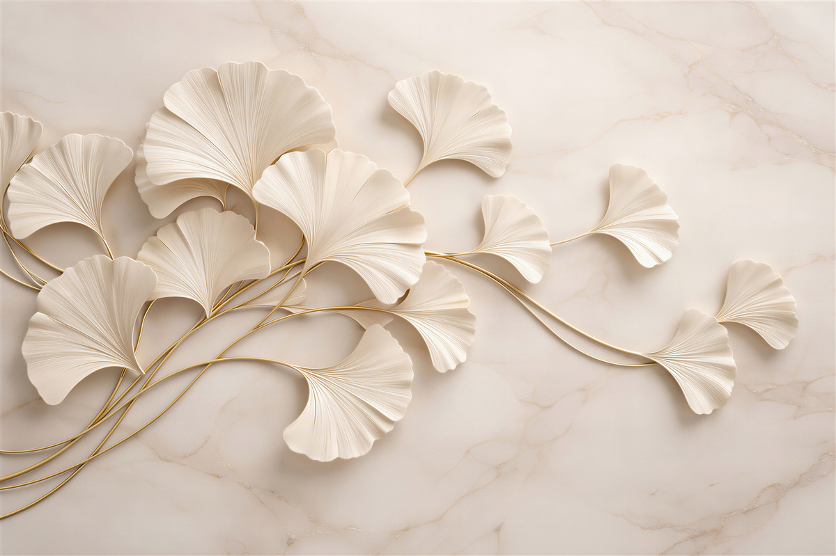 Papier peint Feuilles de ginkgo crème avec or