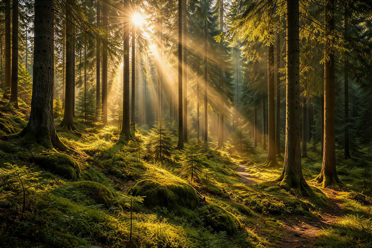 Papier peint matin forestier dans des rayons dorés