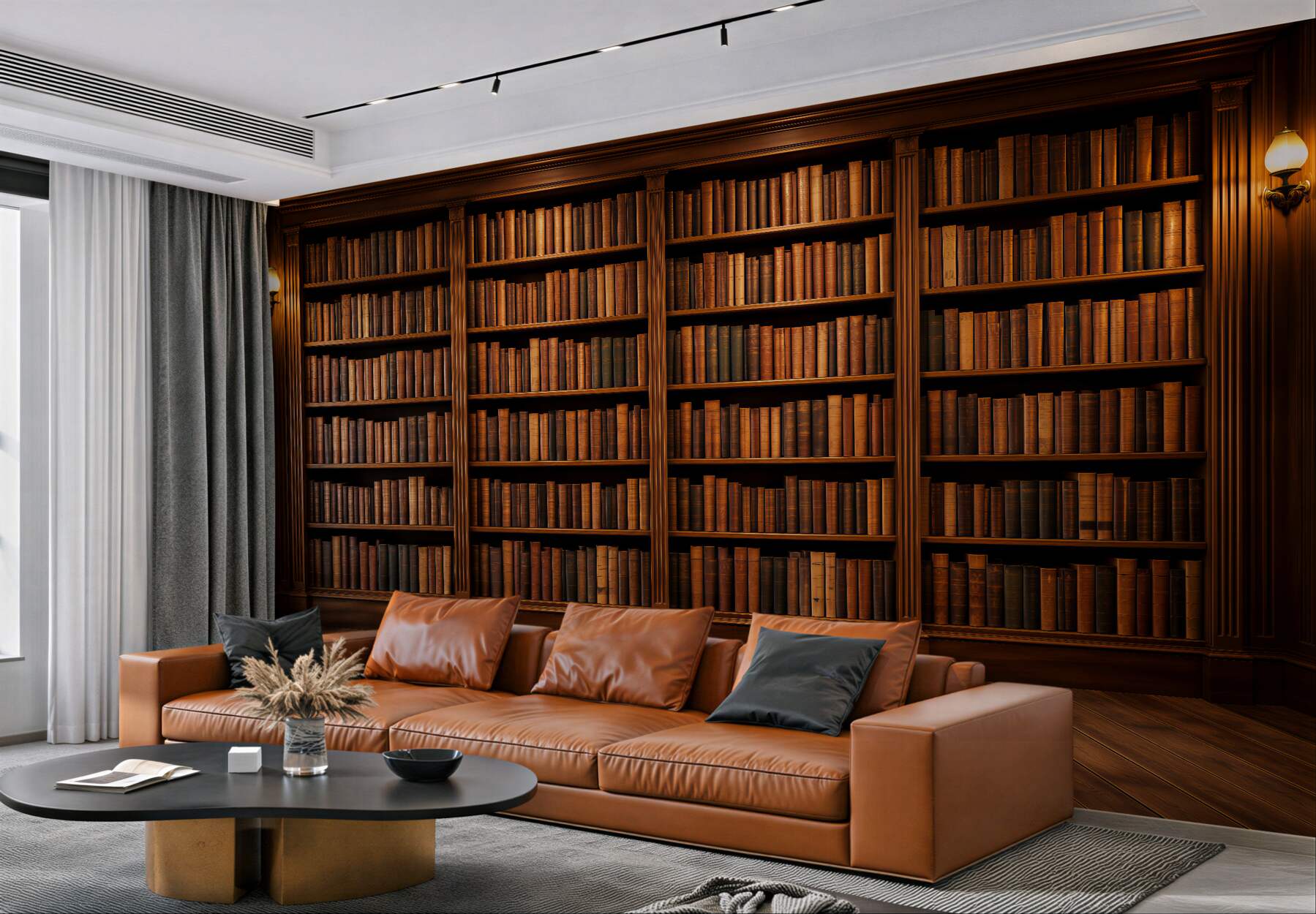 Papier peint bibliothèque classique avec étagères en bois
