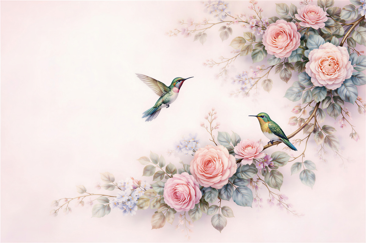 Papier peint colibris parmi les roses pastel
