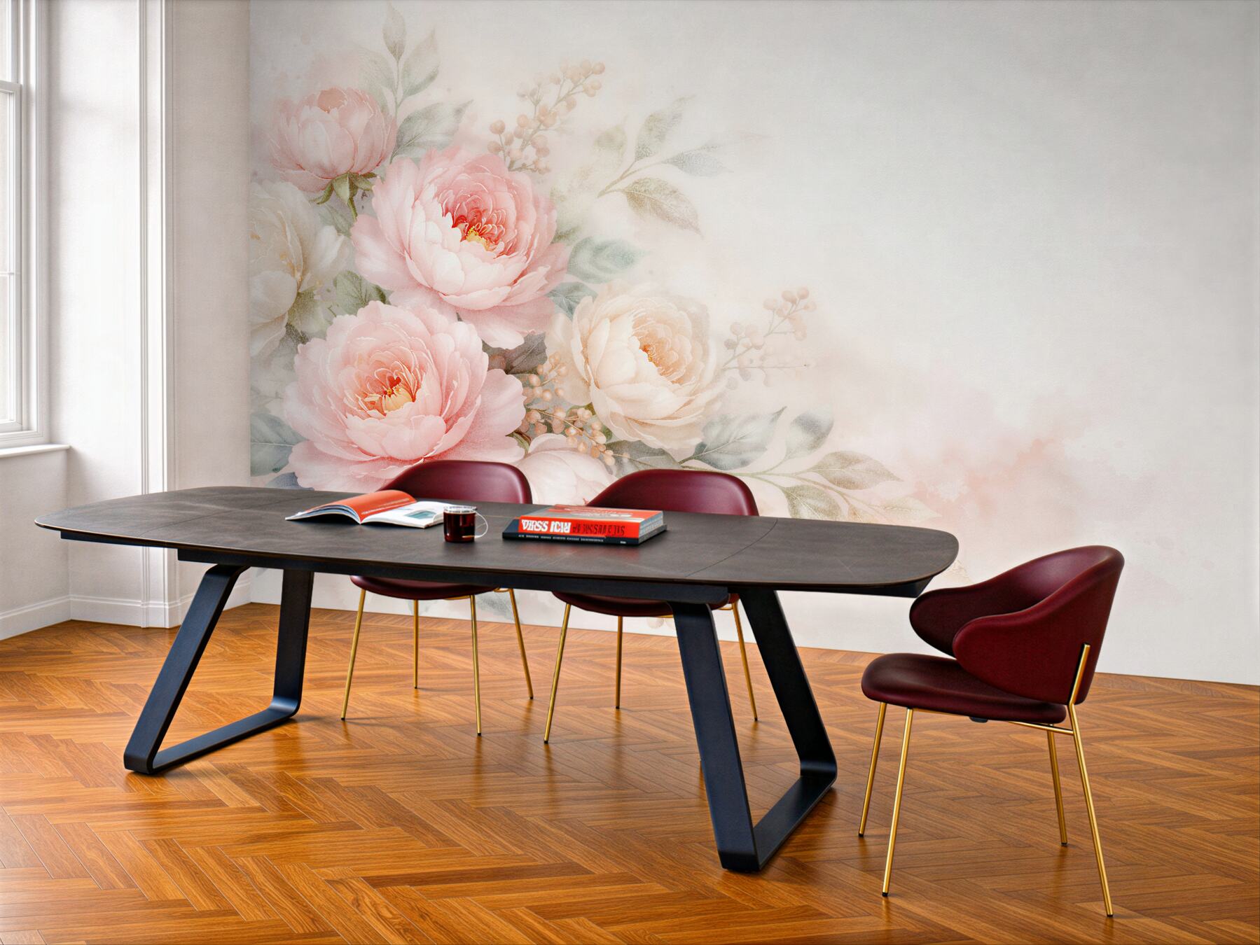 Papier peint pivoines poudrées dans une brume romantique