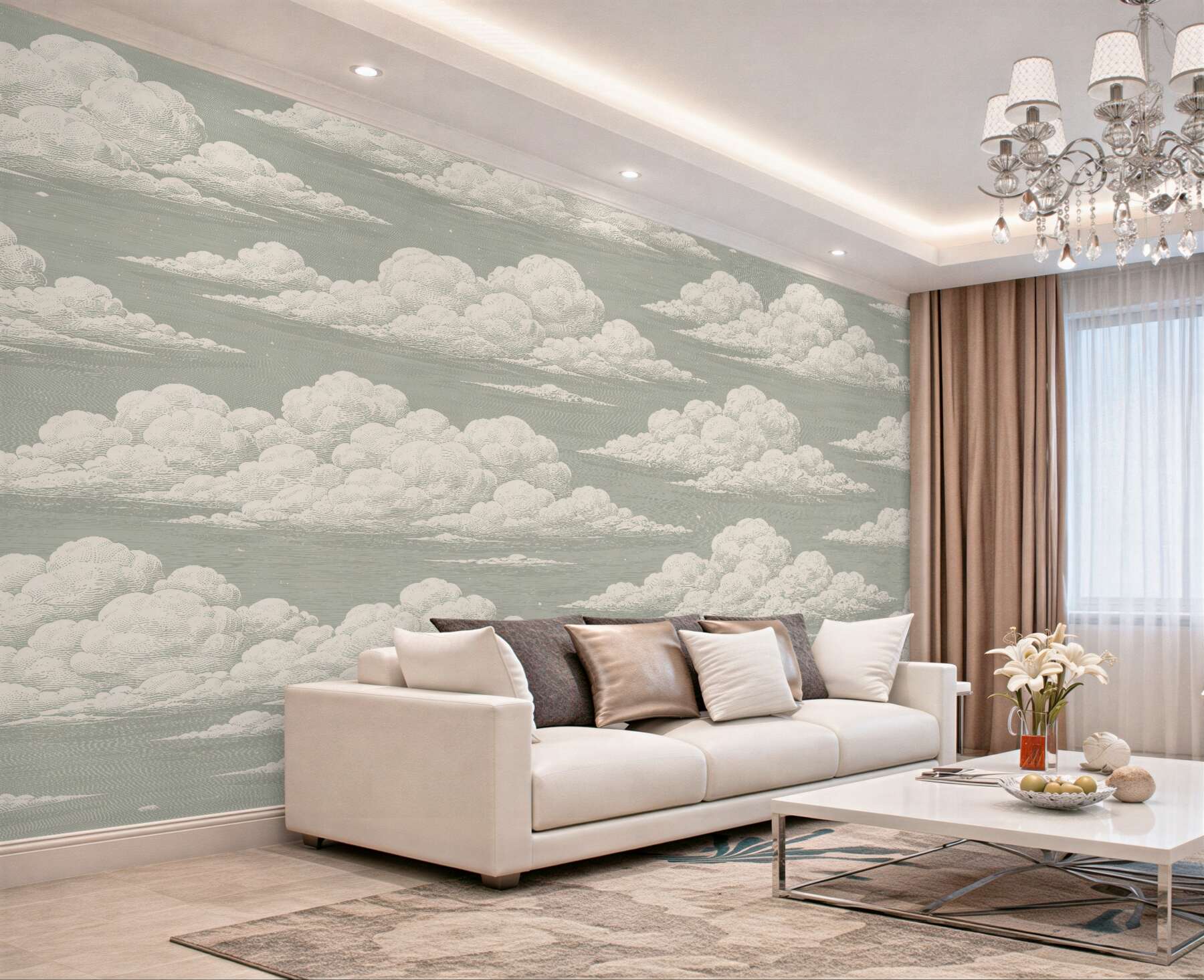 Papier peint nuages duveteux dans un ciel sauge