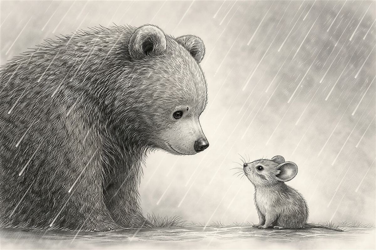 Papier peint ours et souris sous la pluie
