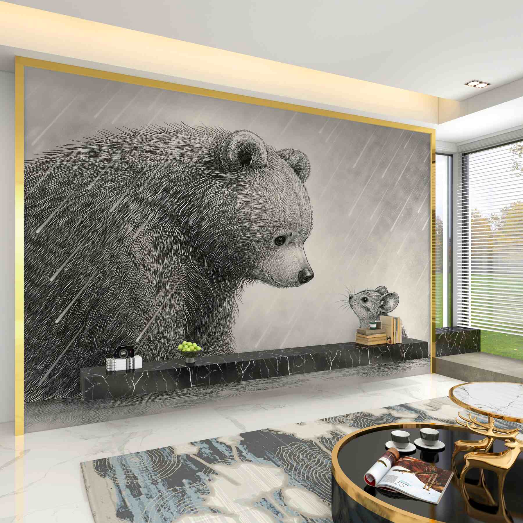 Papier peint ours et souris sous la pluie