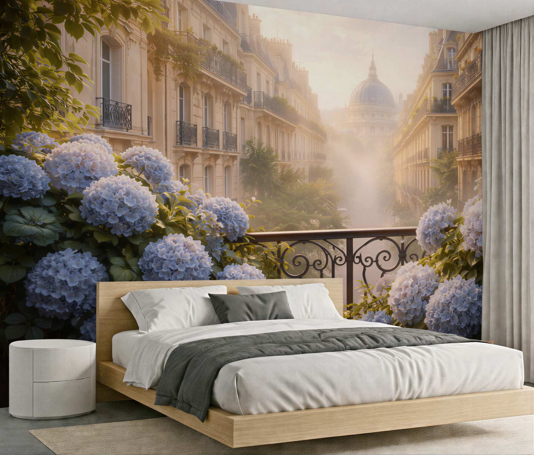 Papier peint balcon parisien fleuri à l'aube