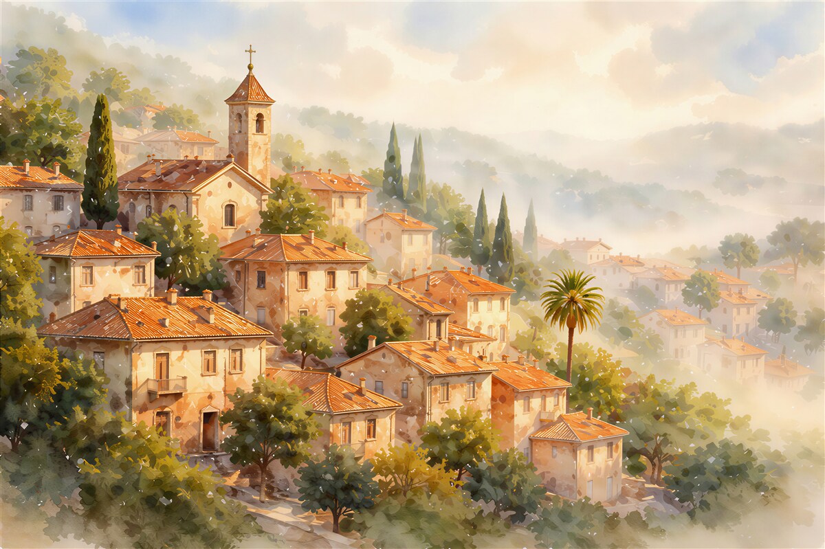 Papier peint village ensoleillé dans le brouillard