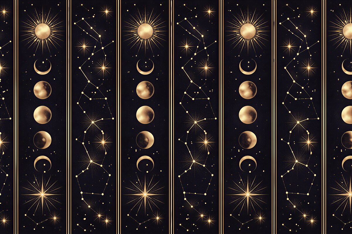 Papier peint phases de lune dorées et étoiles