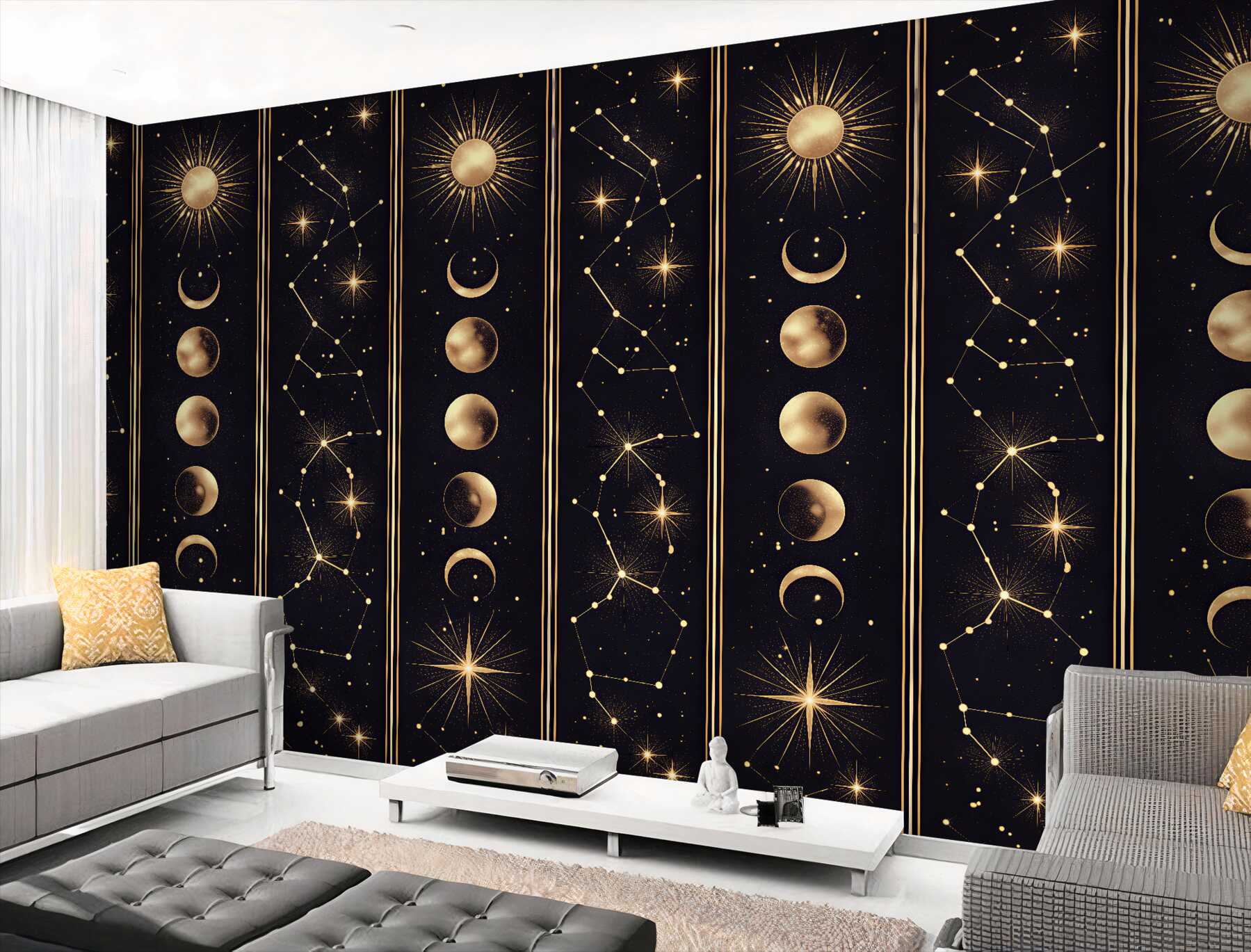 Papier peint phases de lune dorées et étoiles