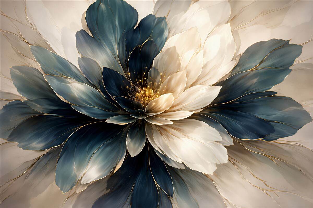 Papier peint fleur bleu marine avec éclat doré