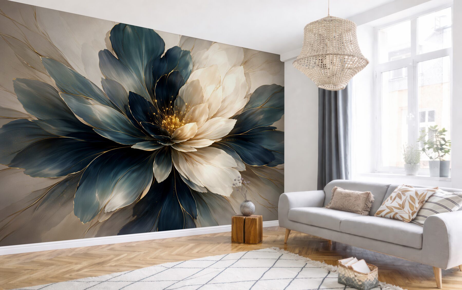 Papier peint fleur bleu marine avec éclat doré