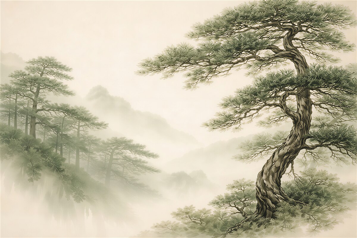 Papier peint pins dans la brume paysage oriental