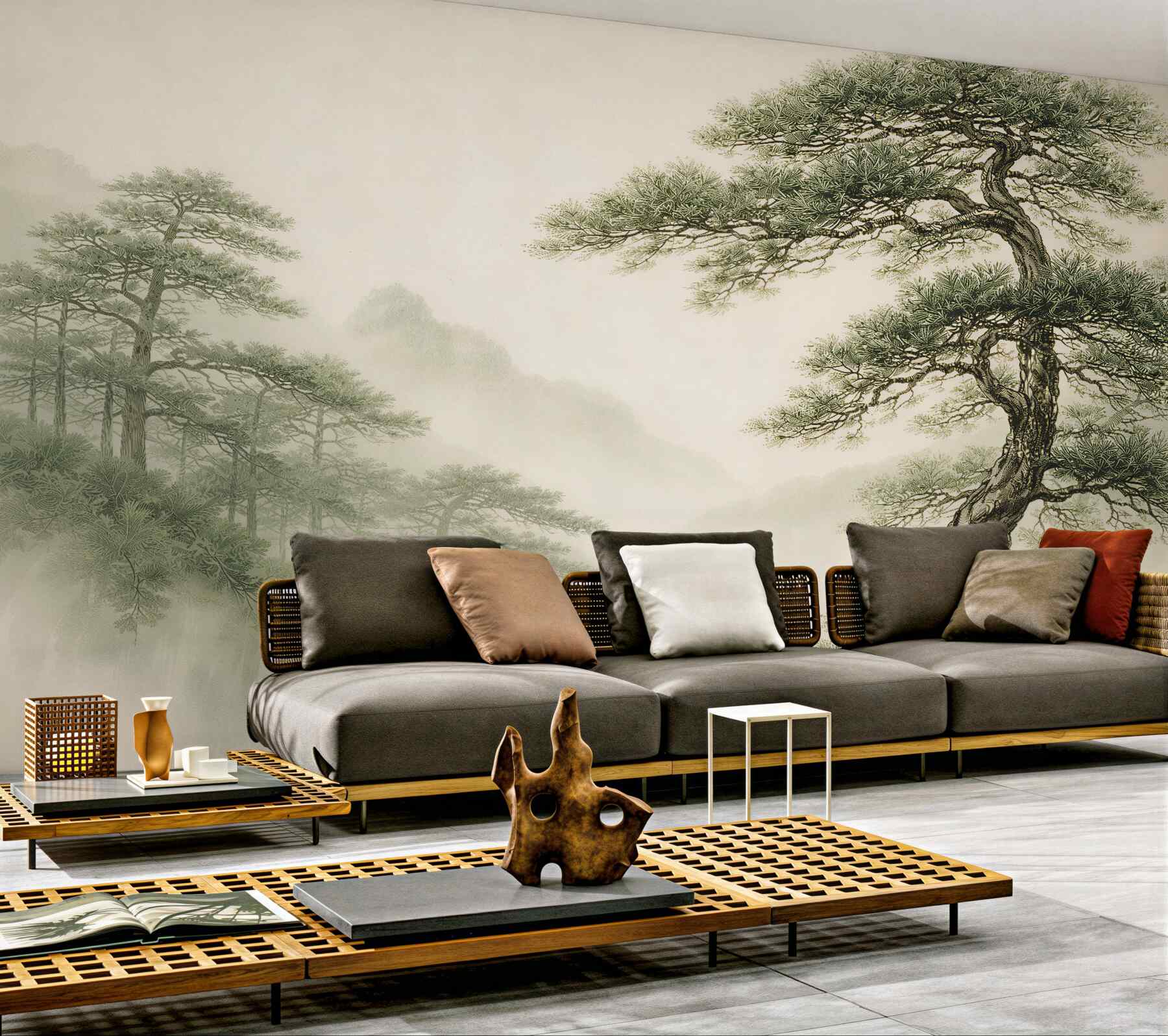 Papier peint pins dans la brume paysage oriental