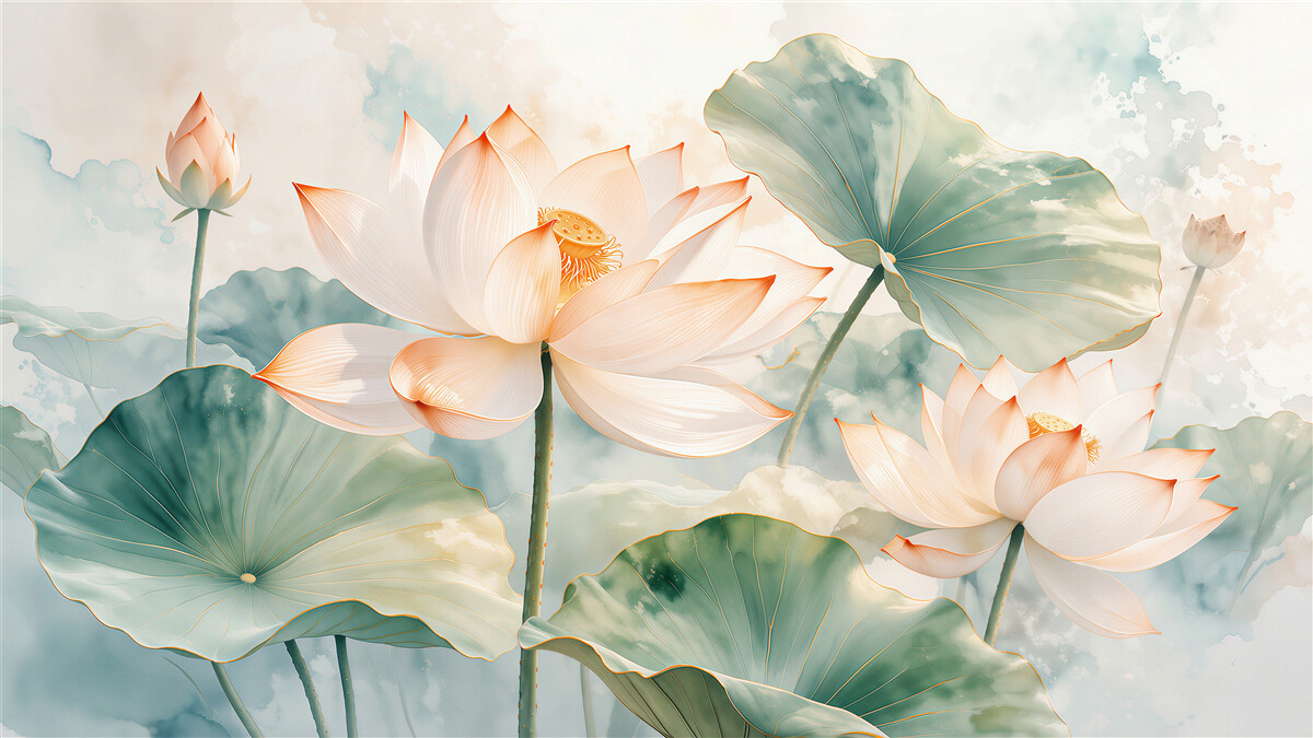 Papier peint lotus et feuilles en aquarelle