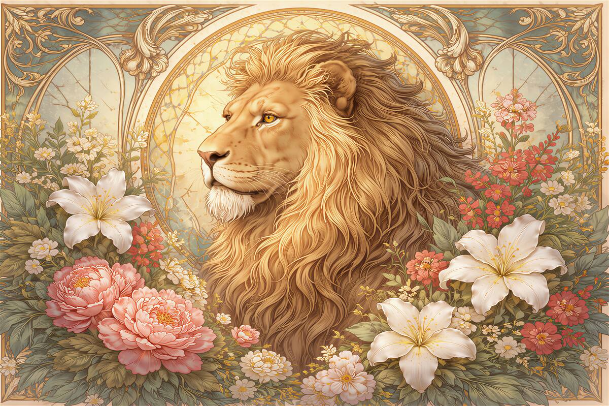 Papier peint lion royal dans des fleurs