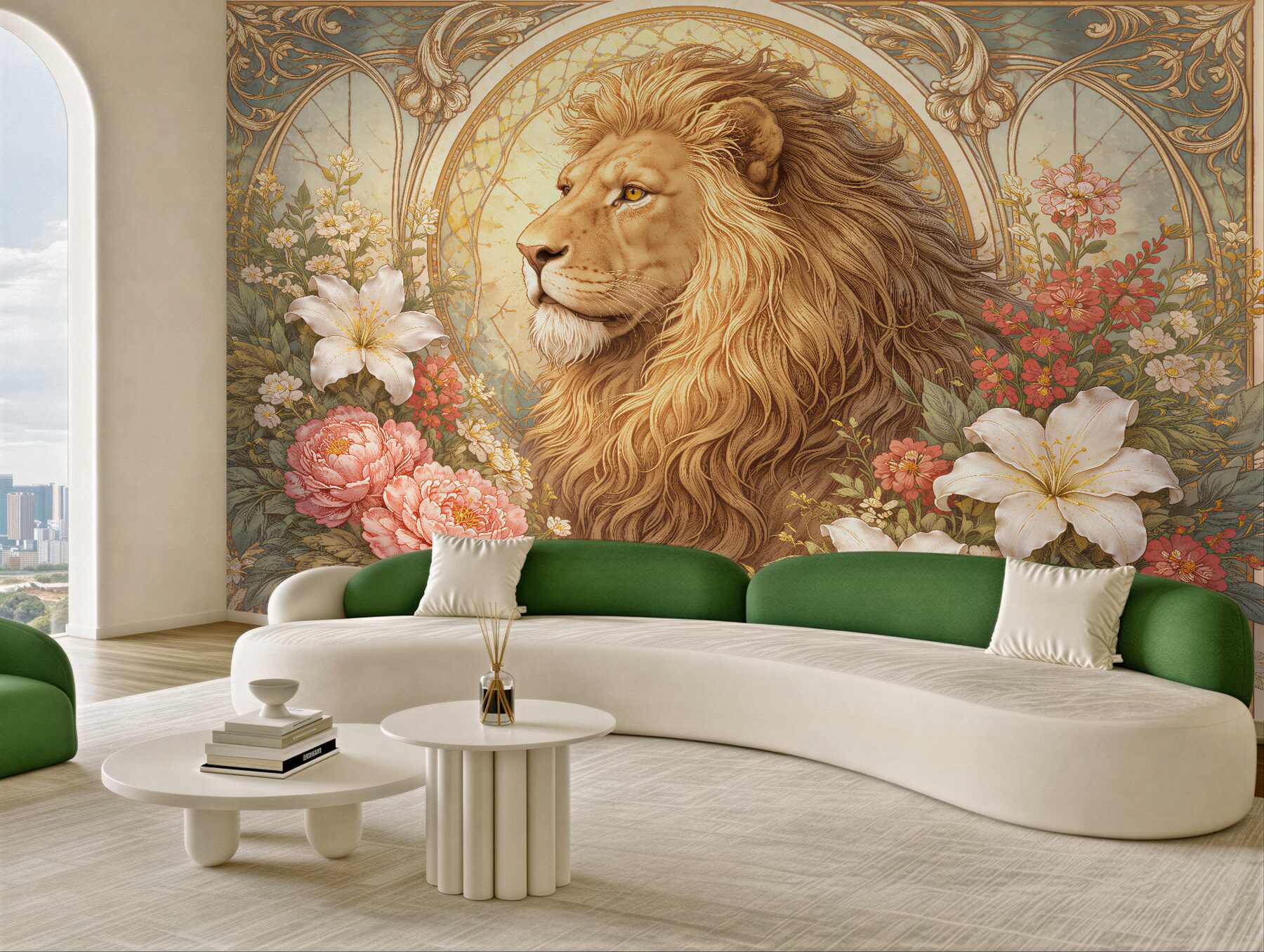 Papier peint lion royal dans des fleurs