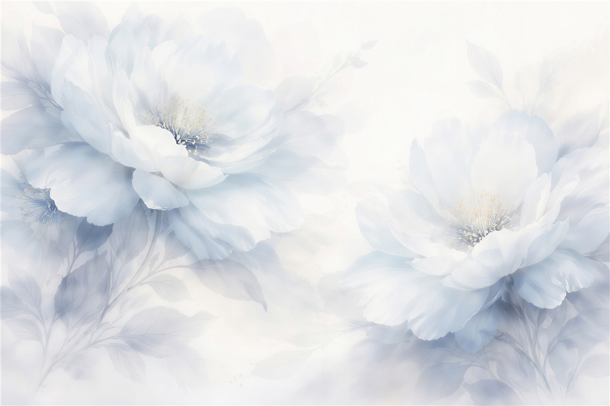 Papier peint pivoines bleues dans une brume