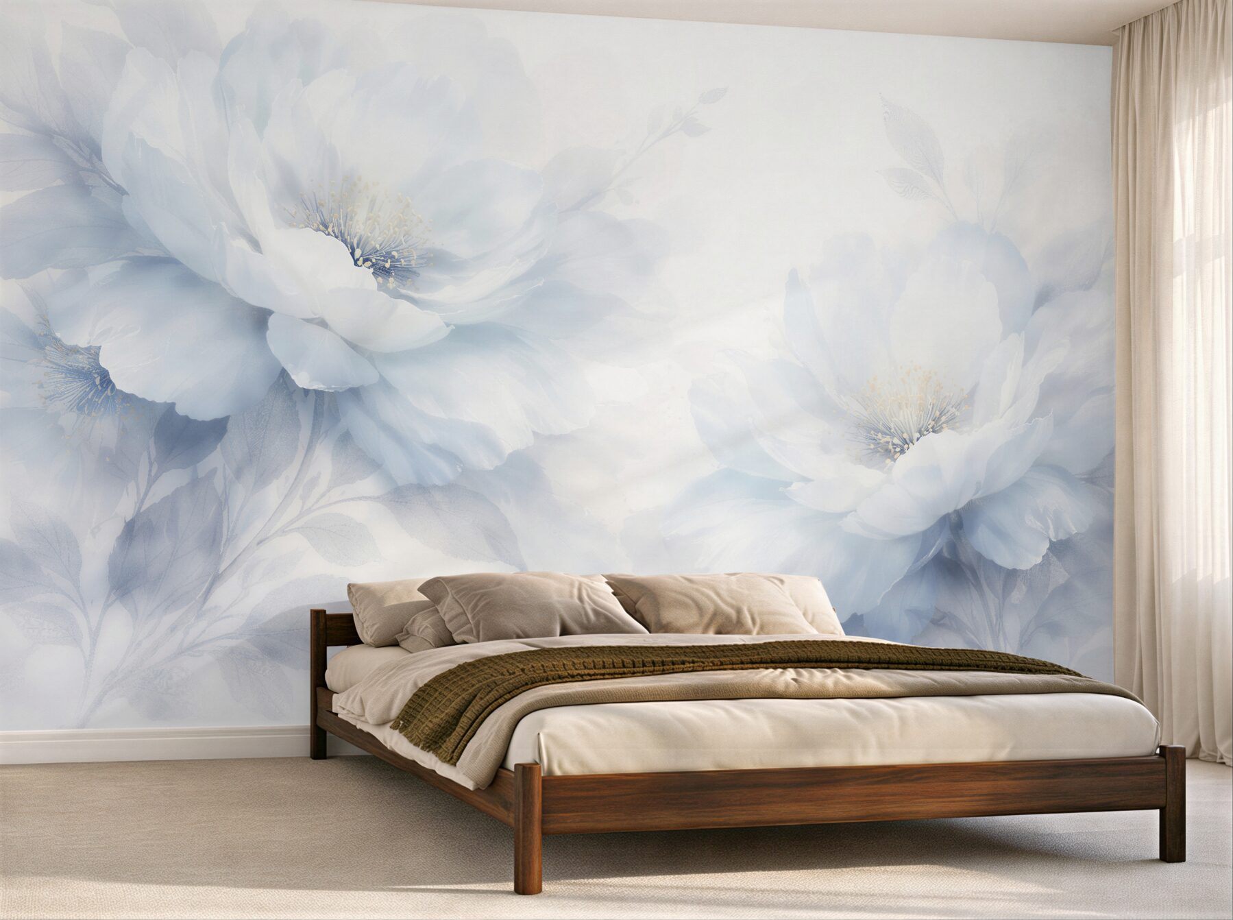 Papier peint pivoines bleues dans une brume