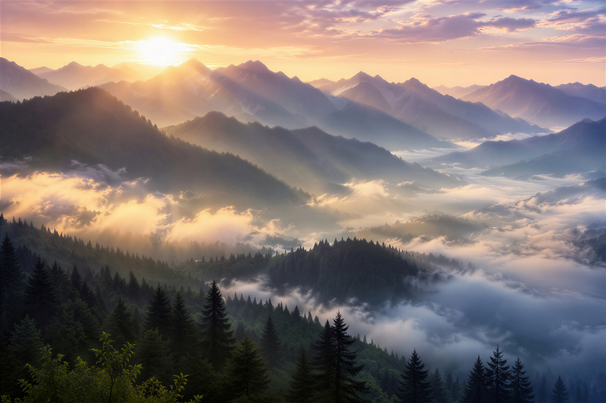 Papier peint lever de soleil au-dessus des montagnes brumeuses