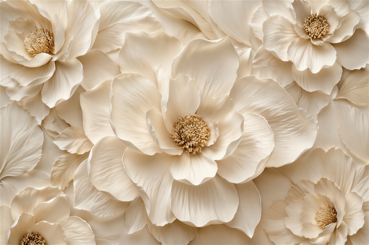 Papier peint fleurs luxueuses en relief crème