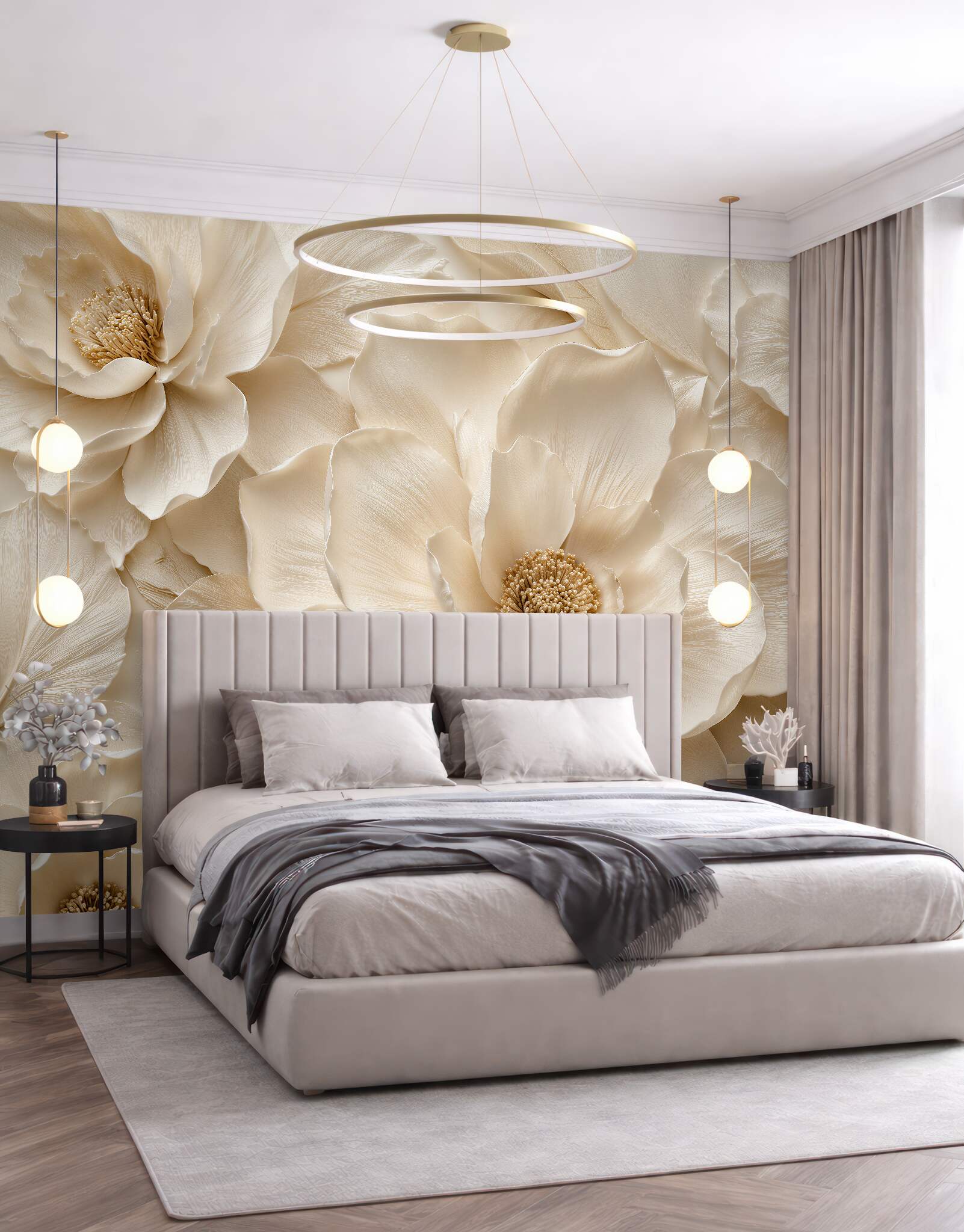 Papier peint fleurs luxueuses en relief crème