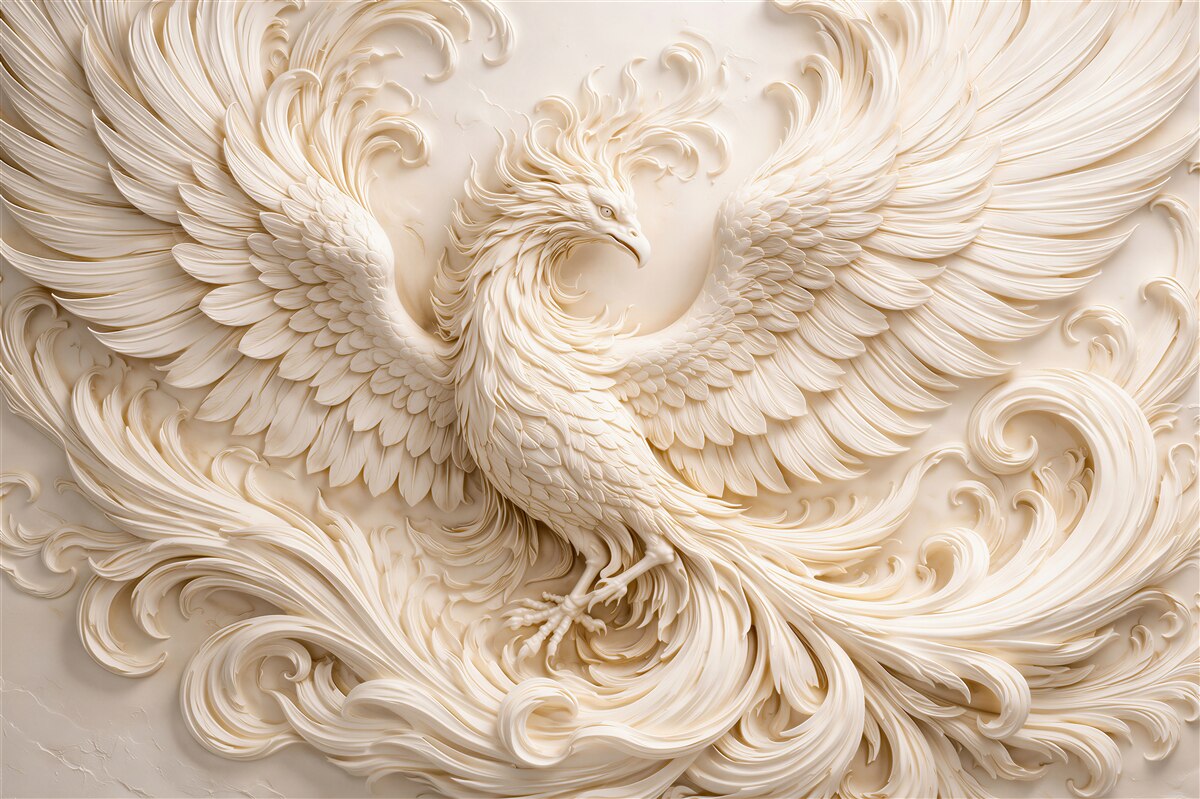 Papier peint phénix en sculpture crème