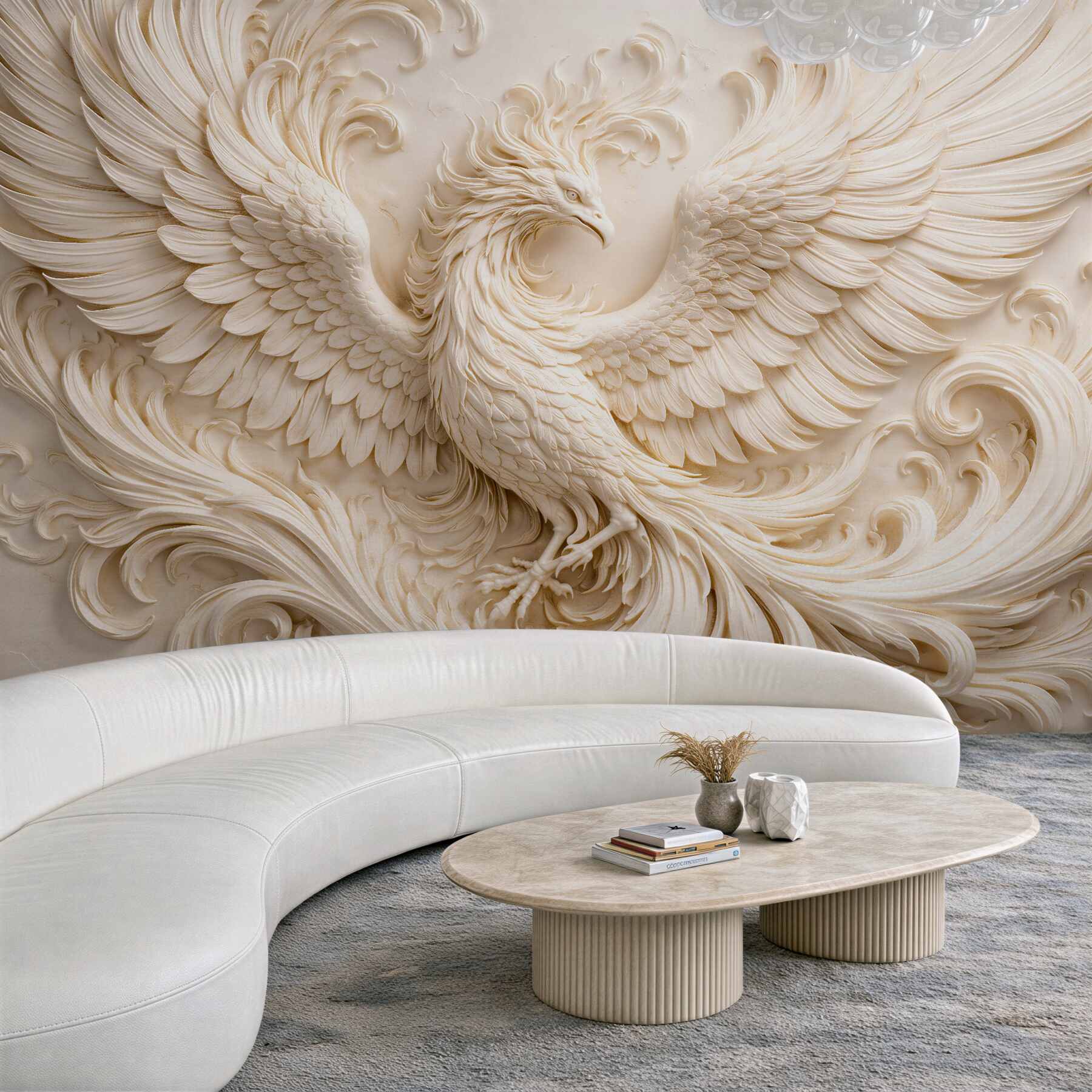 Papier peint phénix en sculpture crème