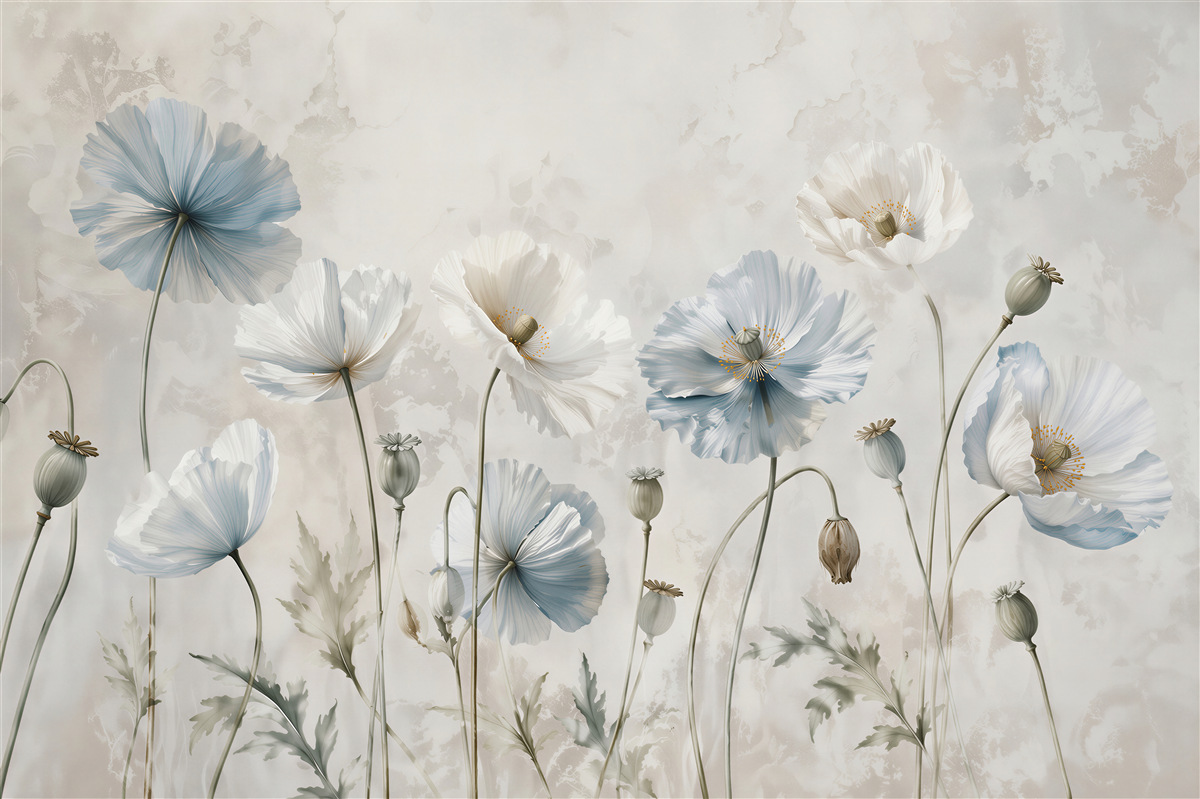 Papier peint coquelicots bleus subtils