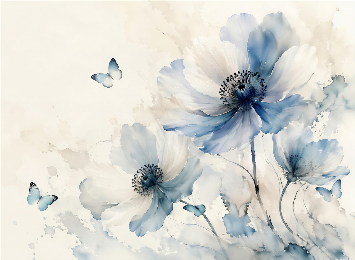 Papier peint coquelicots bleus avec des papillons aquarelle