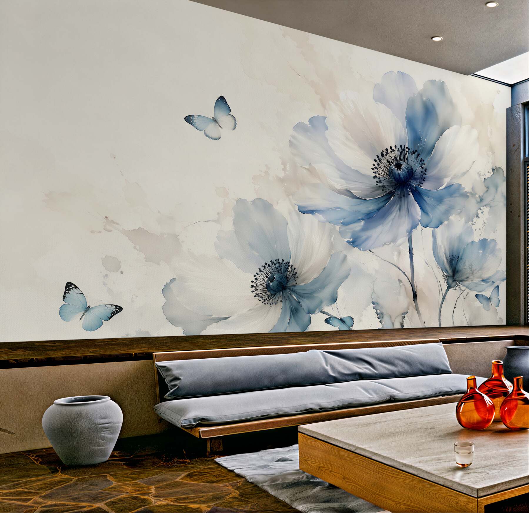 Papier peint coquelicots bleus avec des papillons aquarelle