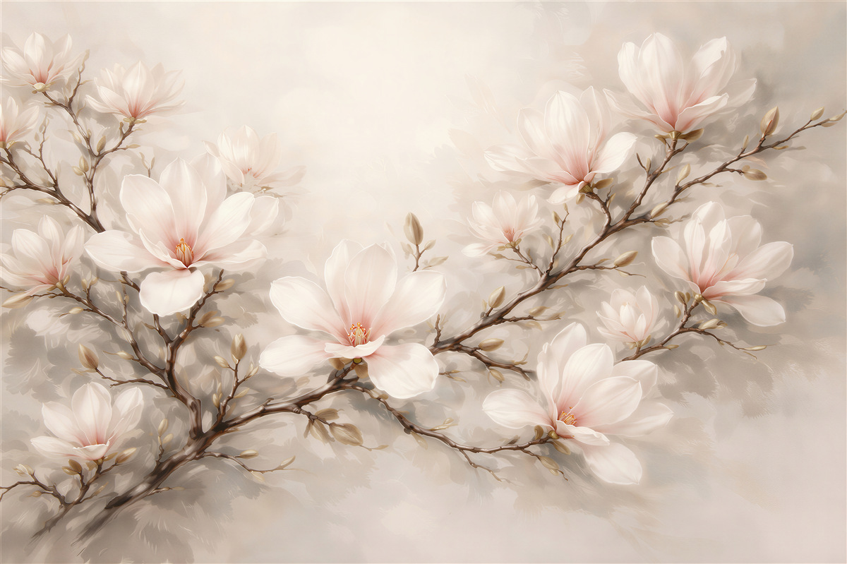 Papier peint magnolia pastel sur une branche délicate
