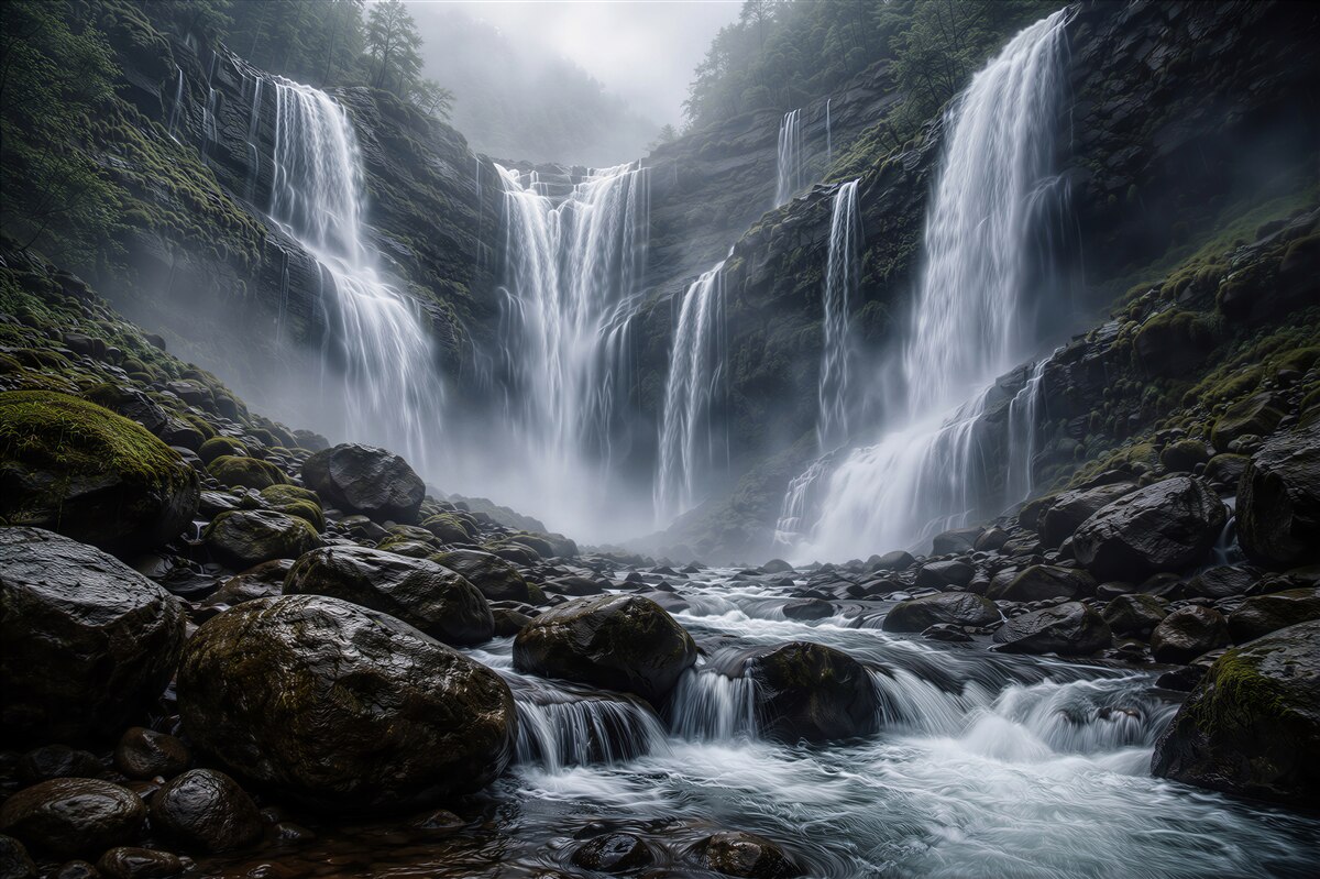 Papier peint cascades mystiques parmi les rochers