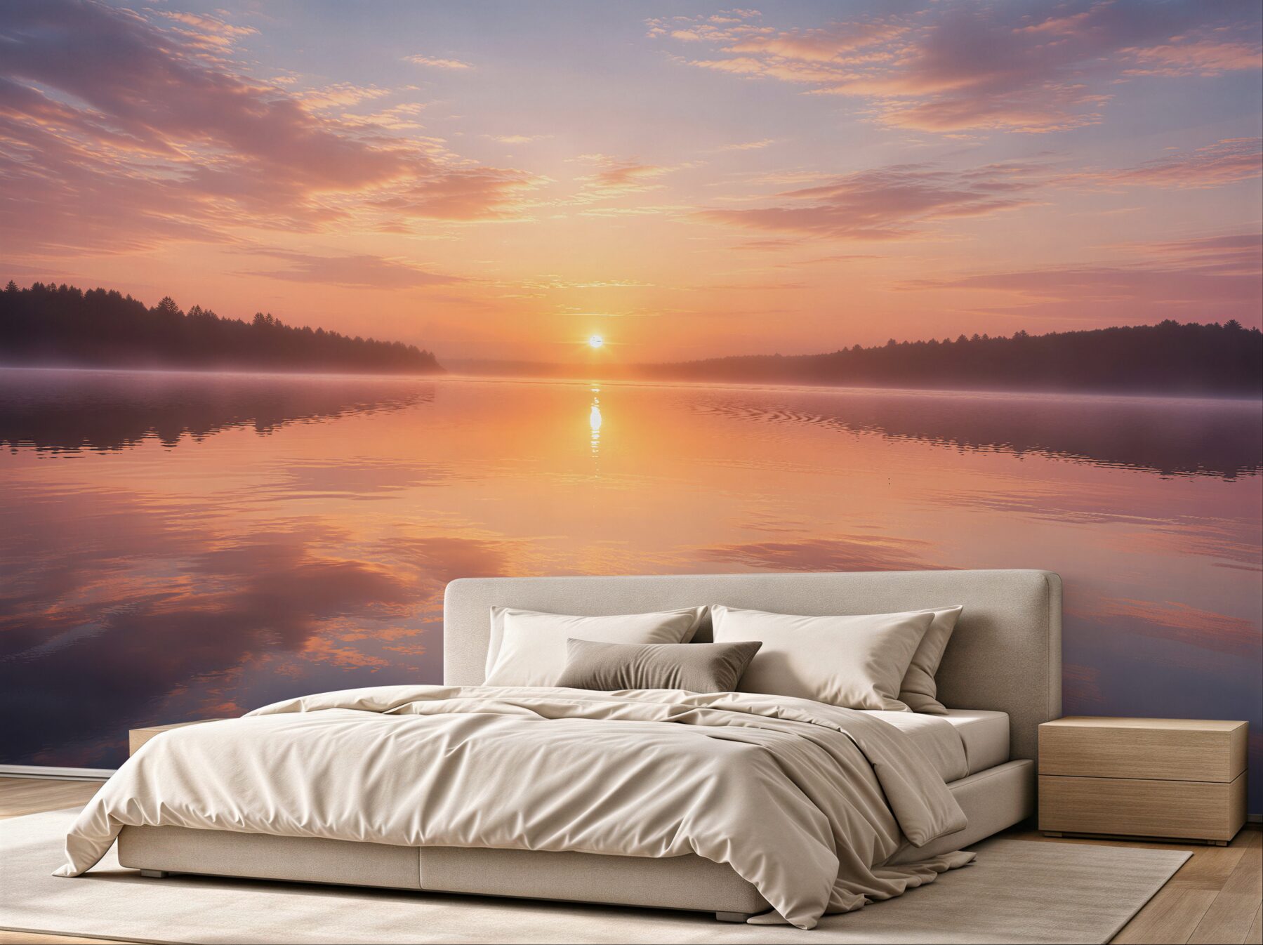 Papier peint lever de soleil pastel au bord du lac