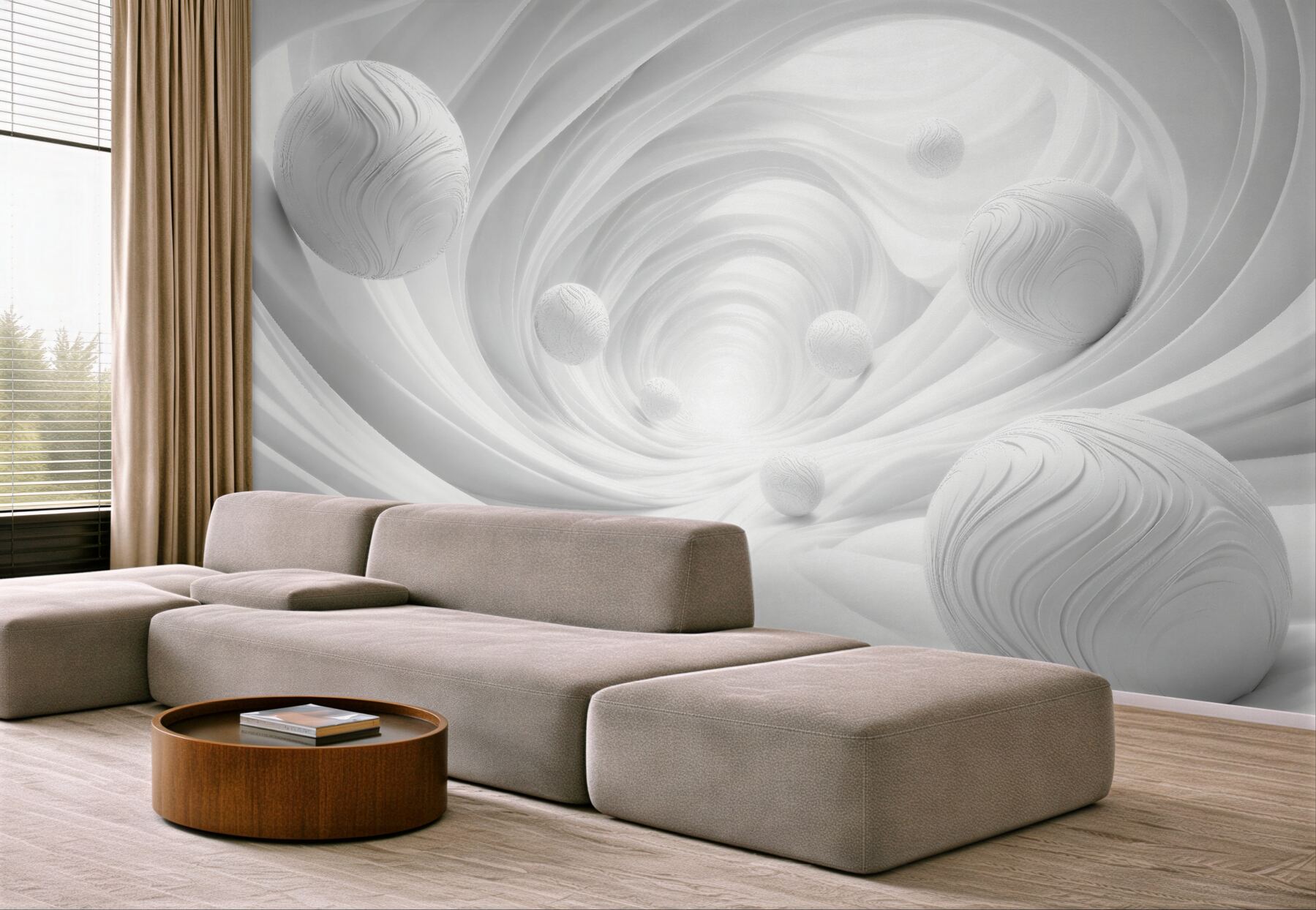 Papier peint boules blanches dans un tunnel abstrait