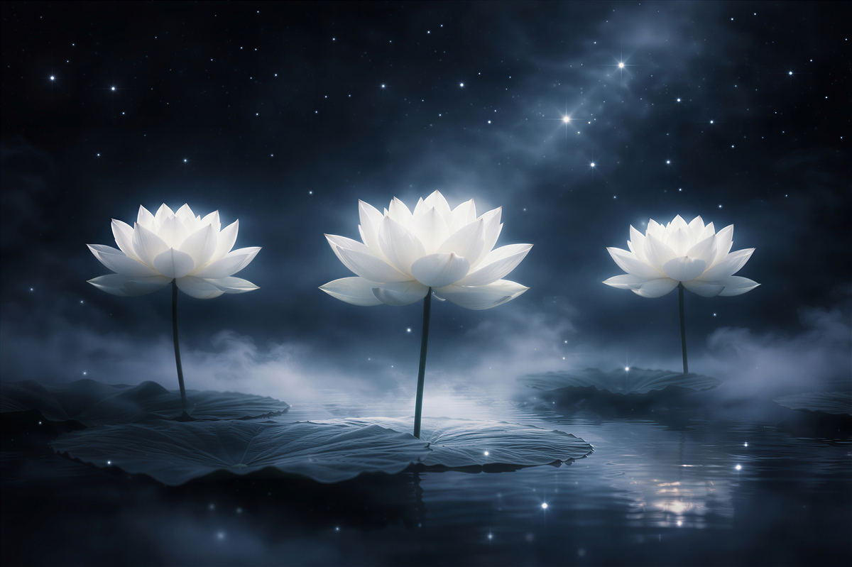 Papier peint lotus blancs dans la brume étoilée