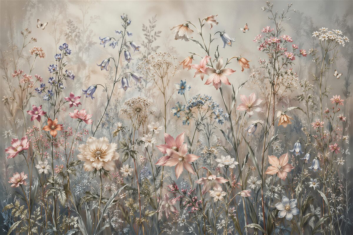 Papier peint prairie pastel de fleurs