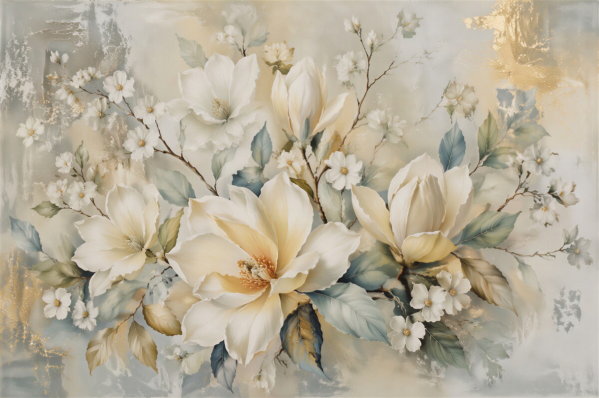 Papier peint magnolias crémeuses avec de l'or