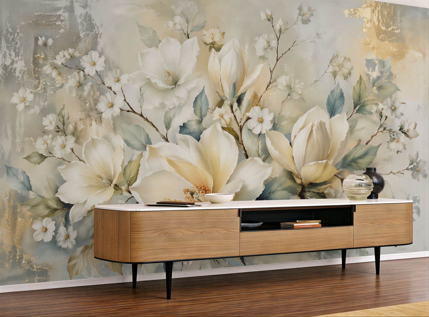 Papier peint magnolias crémeuses avec de l'or