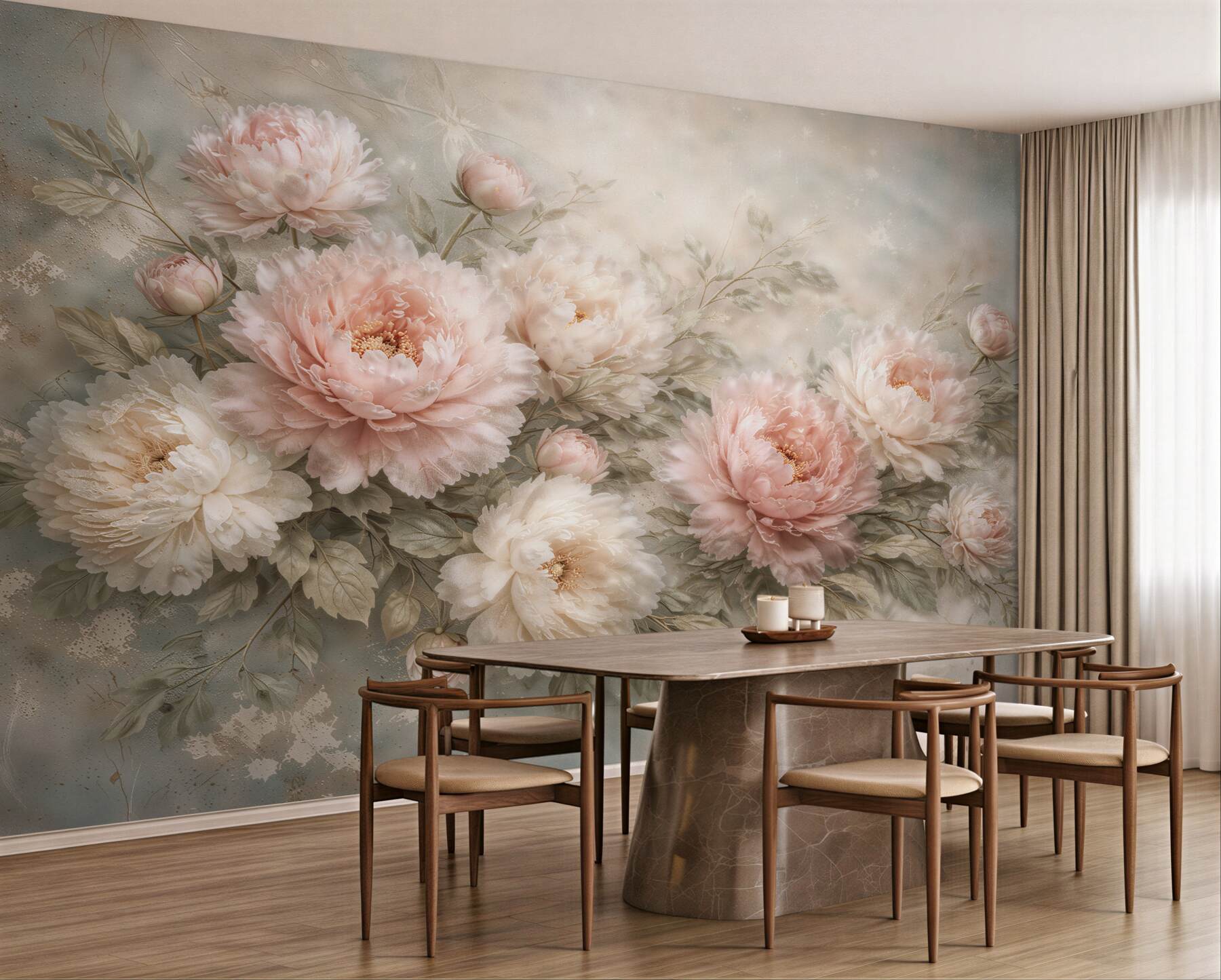 Papier peint pivoines pastel dans une douce lueur